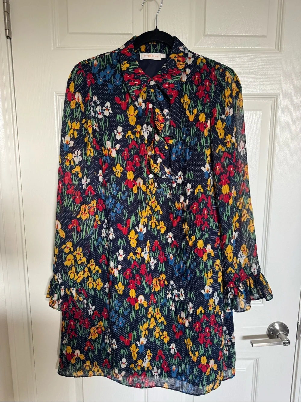 Tory Burch Navy Floral Mini Shift Dress with Multicolor Blooms